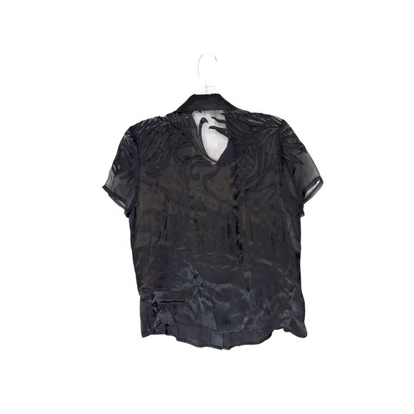 Black Basic Dressy Vamp Silk Short Sleeve Collared Button Up Blouse Large - Picture 8 of 10